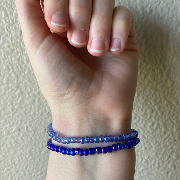 Handmade Blue Iridescent Beaded Bracelet Set - Picture 2 of 10